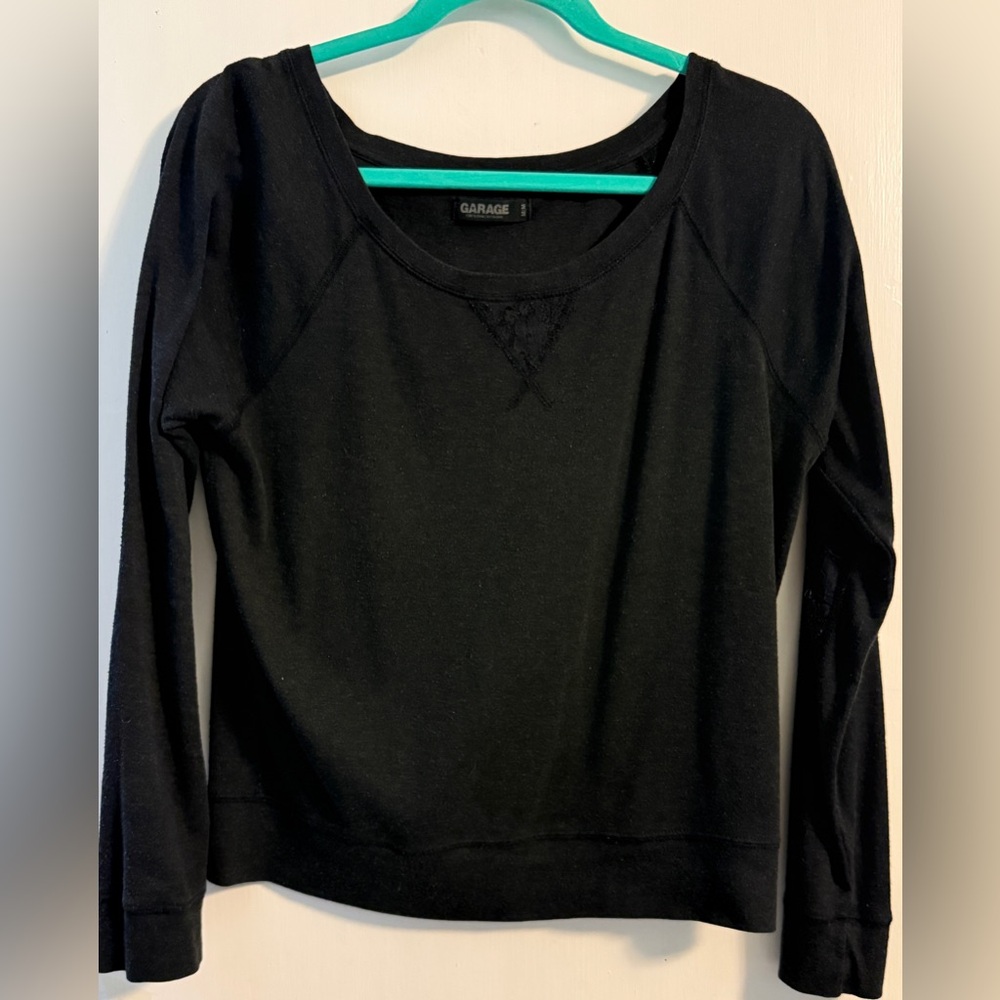 Garage - Black Wide Neck Long-Sleeve Top w/ Lace Accents